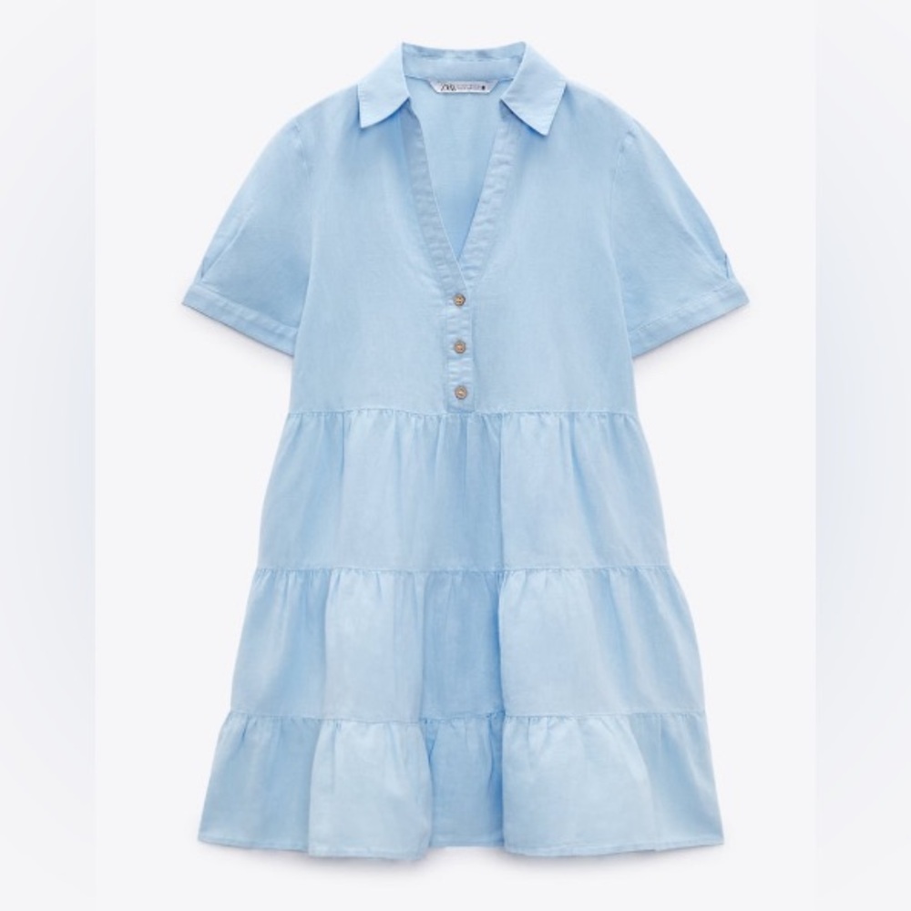 Zara Blue Linen Tiered Mini Dress SIZE M